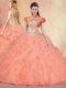 Customized Brush Train Sweet 16 Gowns with Ruffles and Pick Ups