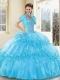 New Style Ball Gown Aqua Blue Sweet 16 Gowns with Beading and Ruffled Layers