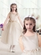 Romantic Ball Gown Bateau Champagne Flower Little Girl Dress with Belt