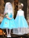 Fashionable Tea Length Scoop Sequined Little Girl Dress in Blue and White