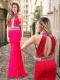 Column High Neck Backless Beaded Coral Red Prom Dress