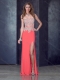 Column Watermelon Red Prom Dress with High Slit and Appliques