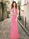 High Neck Beaded Backless Pink Prom Dress with Brush Train
