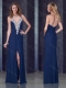 Navy Blue Halter Top Dama Dress with High Slit and Appliques