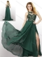 New Style Empire Chiffon Laced and High Slit Dama Dress in Dark Green