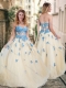 Pretty Visible Boning Tulle Champagne Prom Dress with Blue Appliques  Pretty Visible Boning Tulle Champagne Prom Dress with Blue Appliques