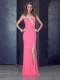Romantic One Shoulder Pink Prom Dress with High Slit and Beading