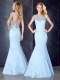 See Through Back Beaded Light Blue Dama Dress with Cap Sleeves