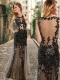 See Through Back Scoop Black Prom Dress with Appliques in Tulle