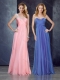 V Neck Applique Baby Pink Prom Dress with See Through Back