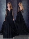 Beautiful Deep V Neckline See Through Black Prom Dress with Brush Train