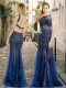 Column Square Beaded Backless Navy Blue Prom Dress in Tulle