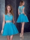 Two Piece Short Bateau Teal Prom Dress with Appliques