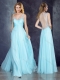 V Neck Applique Light Blue Prom Dress with See Through Back