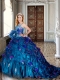 Spaghetti Straps Beaded and Applique Teal 15th Birthday Dresses with Brush Train