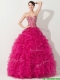 Visible Boning Hot Pink 15th Birthday Gown with Beading and Ruffles