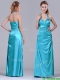 2016 Column Halter Top Elastic Woven Satin Aqua Blue Prom Dress with Ruching