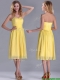 Discount Pleated Yellow Chiffon Prom Dress in Tea Length