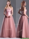 Elegant A Line Tulle Beaded Long Prom Dress in Peach