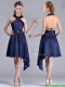 Elegant Halter Top Asymmetrical Navy Blue Prom Dress in Satin