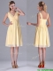 Empire Light Yellow V Neck Knee Length Short Dama Dress with Ruching