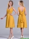 Latest Empire V Neck Ruched Gold Prom Dress in Chiffon