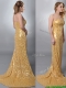 Luxurious Column Strapless Sequined Gold Prom Dress with Brush Train