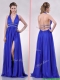 New Halter Top Blue Backless Prom Dress with Beading and High Slit