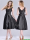 Popular Empire Black Tea Length Prom Dress with Ruching and Bowknot