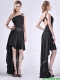 Romantic High Low One Shoulder Black Prom Dress with Criss Cross