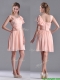 Simple Empire Ruched Peach Prom Dress with Asymmetrical Neckline