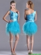 Wonderful One Shoulder Ruched and Ruffled Aqua Blue Dama Dress in Tulle