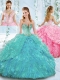 Beaded and Ruffled Organza Discount Quinceanera Dresses with Deep V Neckline