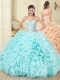 Beaded Beaded and Ruffled Aque Blue 15th Birthday Dresses in Tulle