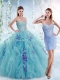 Cheap Beaded Bodice and Ruffled Detachable Quinceanera dresses in Aquamarine