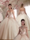 Classical Big Puffy Beaded and Applique Tulle Champagne Quinceanera Gown