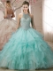 Classical Halter Top Apple Green Quinceanera Gown with Pearls and Ruffless