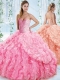 Classical Organza Beaded Rose Pink Quinceanera Dress with Detachable Straps