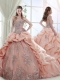 Elegant Brush Train Peach 15th Birthday Dresses with Appliques and Bubbles