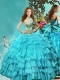 Elegant Halter Top Aqua Blue Quinceanera Dress with Ruffled Layers and Beading