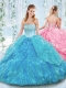 Latest Really Puffy Organza Lace Up Detachable Quinceanera Dress in Blue
