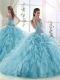 Luxurious Ruffled and Beaded Bodice Aqua Blue 15th Birthday Dresses in Organza