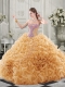 Popular Beaded Bodice and Ruffled Champagne Chapel Train Quinceanera Gown