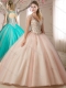 Puffy Skirts Beaded Decorated Cap Sleeves Champagne Quinceanera Dress with Beading