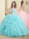 Simple See Through Beaded and Ruffled Sweet 16 Dress in Aqua Blue