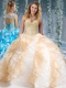 Fashionable Organza and Rolling Flowers Big Puffy Sweet 16 Dresses in Champagne and White