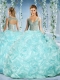 Gorgeous Cap Sleeves Beaded Light Blue Sweet 16 Dresses with Deep V Neck