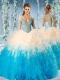 Modest Beaded Decorated Cap Sleeves Quinceanera Dress in Blue and Champagne