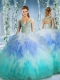 Rainbow Deep V Neck Cap Sleeves Quinceanera Dress with Beading and Ruffles