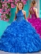 Beautiful Halter Top Beaded and Ruffled Sweet 16 Dress in Royal Blue